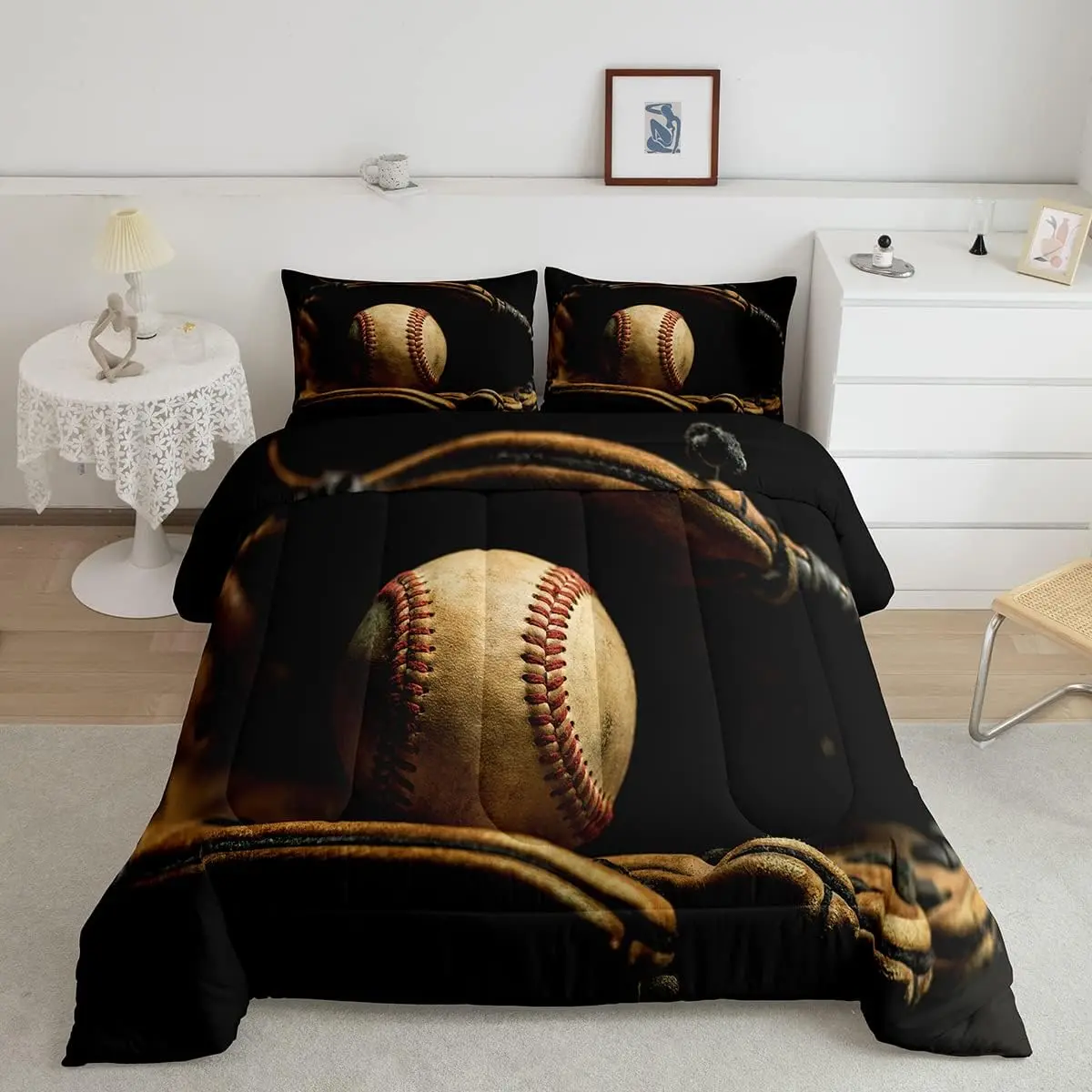 Feelyou Retro Sports Baseball Printed Bedding Set - Breathable, Lightweight Polyester Soft Comforter with Duvet Insert, Multi-Size Quilt for Kids & Traveling, King/Queen Sizes for Guest Room