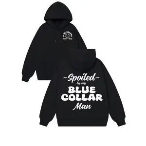 Men's "Spoiled By My Blue Collar For Man" Graphic Long Sleeve Hoodie - Menswear Tops, Cozy Breathable Fabric, Dark Gray, Loose Fit, Streetwear Sweatshirt, Ideal For Travel, Casual Wear