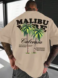 Men's Malibu California Tropical Palm Tree Loose Fit T-Shirt, Vintage Beach Casual Streetwear Street Style, Iconic Palm Tree Pattern, Inspirational Quotes