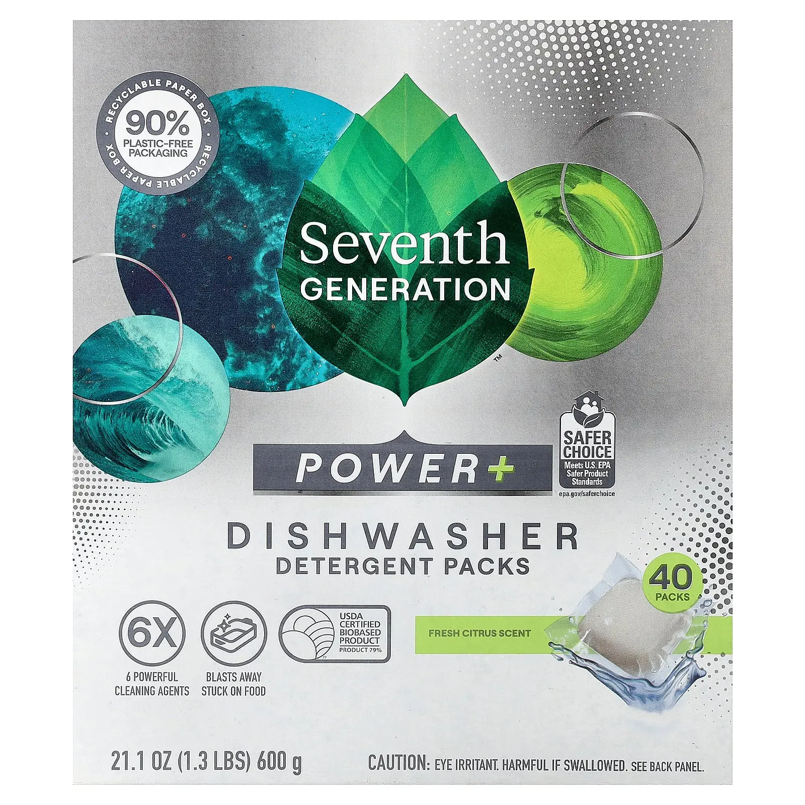 Seventh Generation Power+ Dishwasher Detergent Packs, Fresh Citrus, 40 Packs, 21.1 oz (600 g)