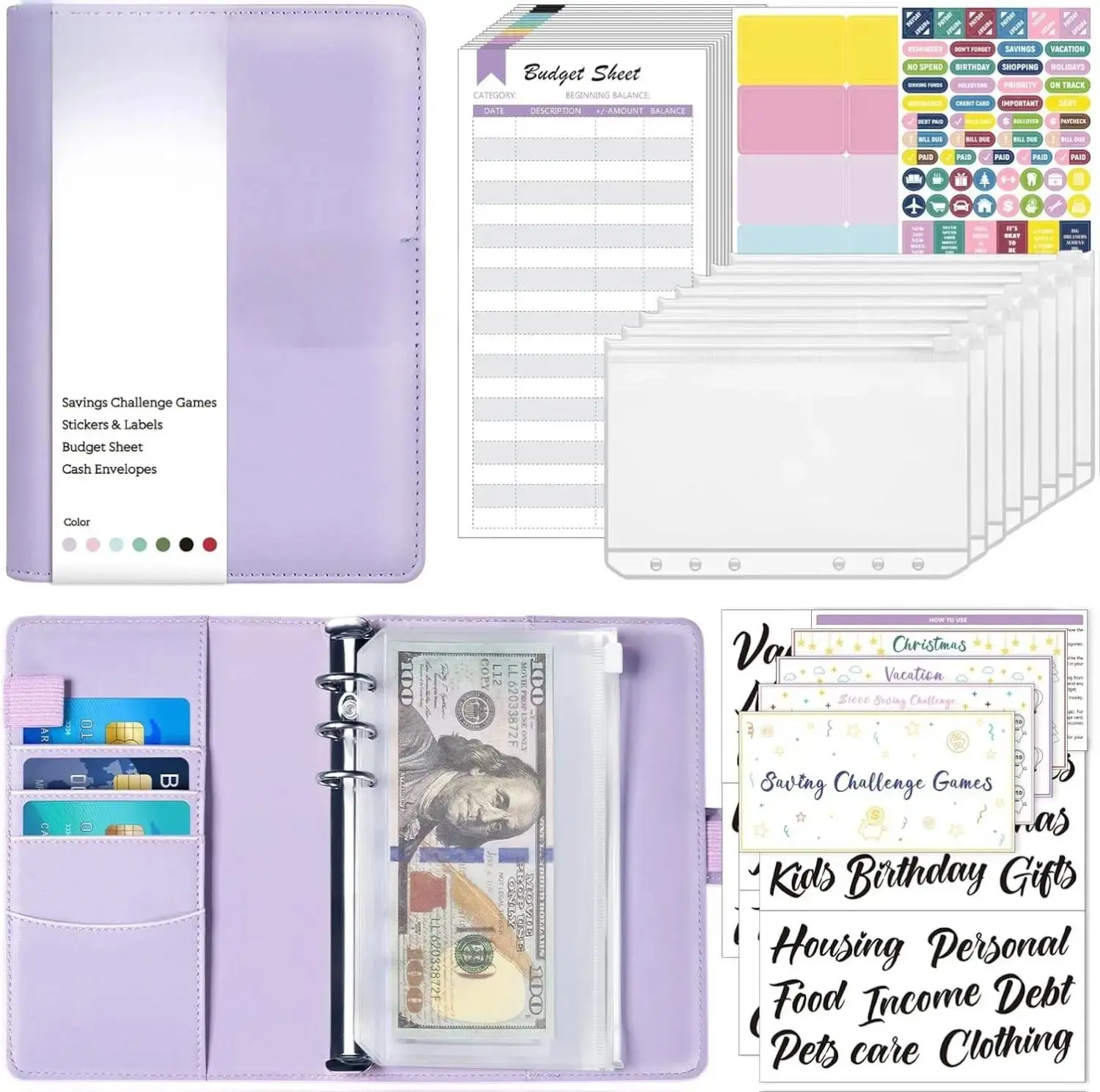Budget Binder Kit with Money Saving Challenge Cash Envelopes Expense Sheets Challenge Tracker & Category Labels for Home Office School Purple Version