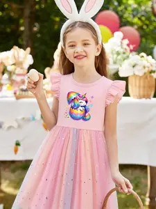Girls' Fashion Unicorn Print Dress, Princess Seraphina Dress, Cute Loose-Fitting Midi Dress for Ages 1-10, Comfortable Cartoon Patterned Clothing