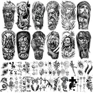 36 large half-sleeve temporary tattoo stickers, unisex, suitable for the forearm, featuring tribal, wolf, tiger, lion, owl, and skull designs; Halloween temporary tattoos; adult-sized; realistic black designs including flowers, roses, and animals