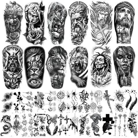 36 large half-sleeve temporary tattoo stickers, unisex, suitable for the forearm, featuring tribal, wolf, tiger, lion, owl, and skull designs; Halloween temporary tattoos; adult-sized; realistic black designs including flowers, roses, and animals
