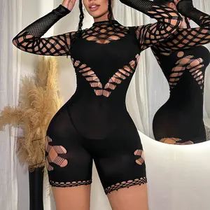 Lemishion Cut Out Backless Halter Unitard playsuit Bodysuit Womenswear Tops Long Sleeve Short Style Trend jaime grey bodysuit body suit latina body suit scrubs Casual Fishnet Love Matching Piece Fit Fashion Black