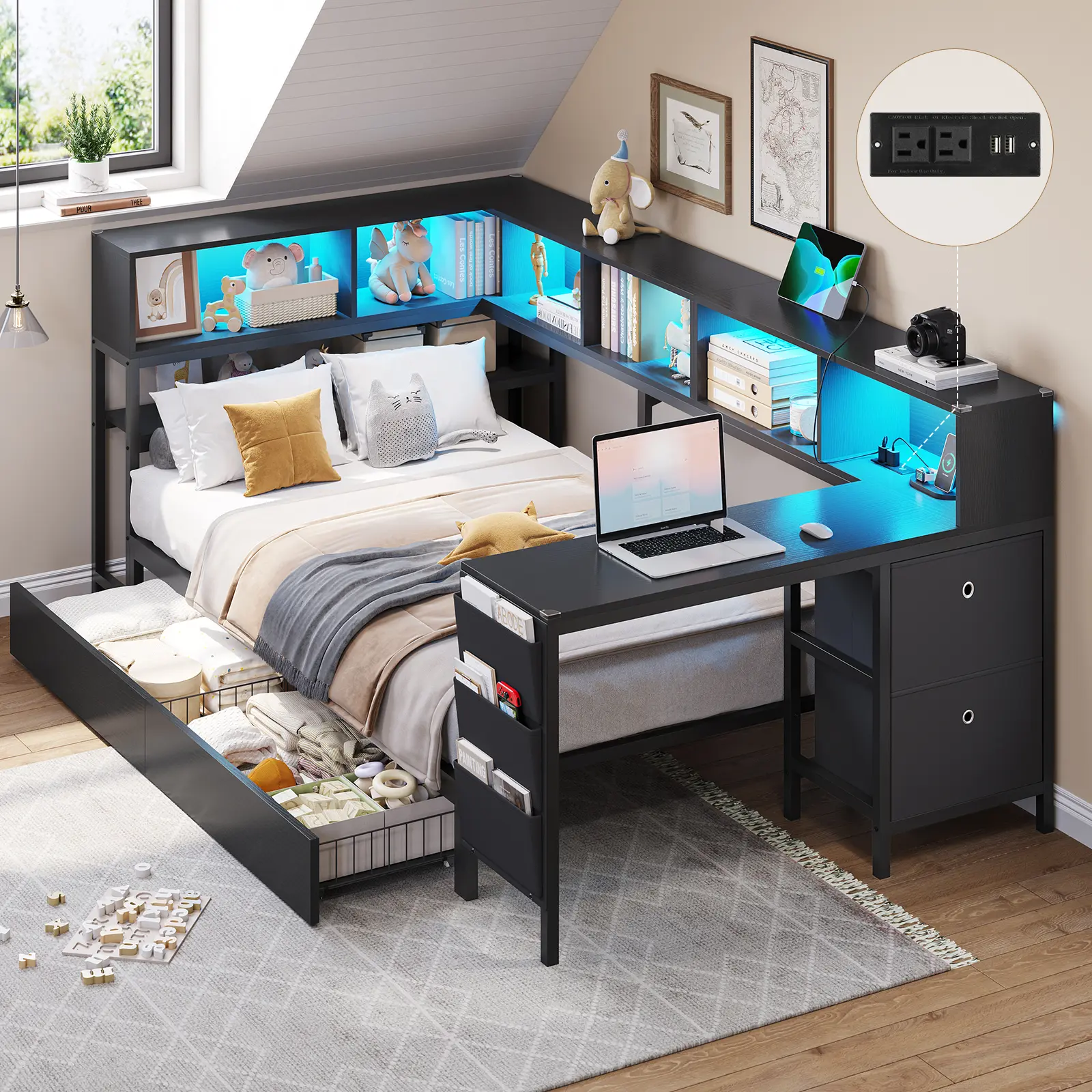Hasuit Twin Corner Bed with Desk and Storage Bookcase, Daybed with 2 Drawers & 2 Storage Bins, Twin Size Platform Bed Frame with Charging Station and LED Light, Modern Teenagers Bedframe