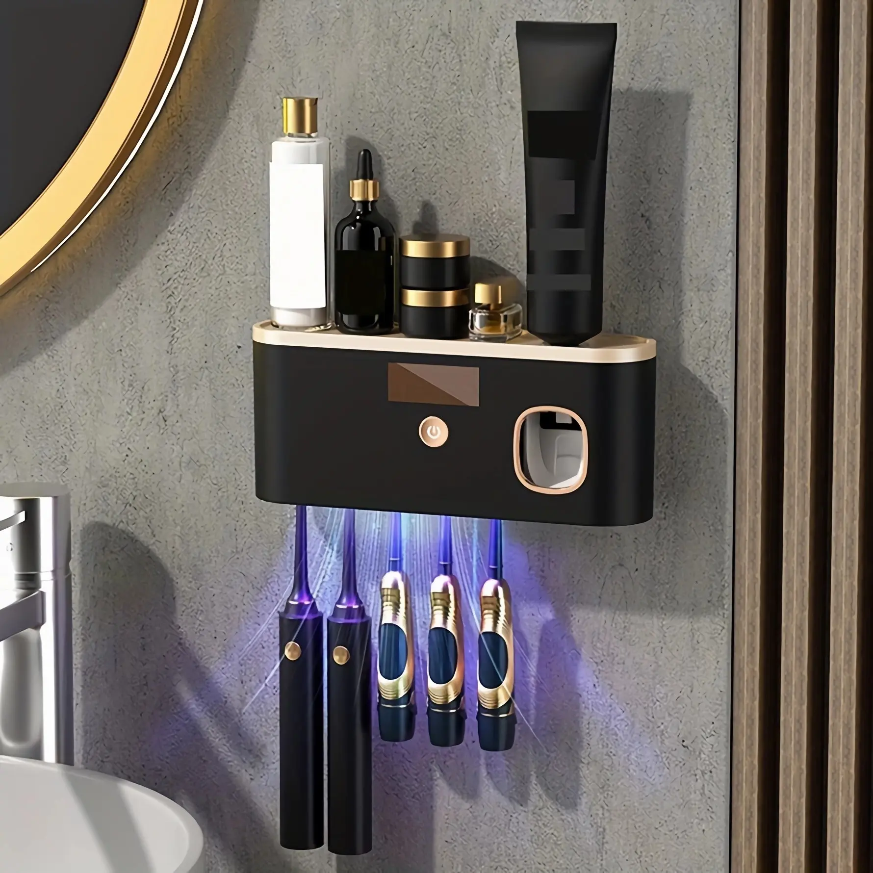 Smart Toothbrush Holder with Toothpaste Dispenser, USB Charging UV Toothbrush Sanitizer Holder, Wall-Mounted Design, 5 Slot Organizer, USB Rechargeable, Bathroom Accessories, Toothbrush Holders For Bathrooms, Toothbrush Storage