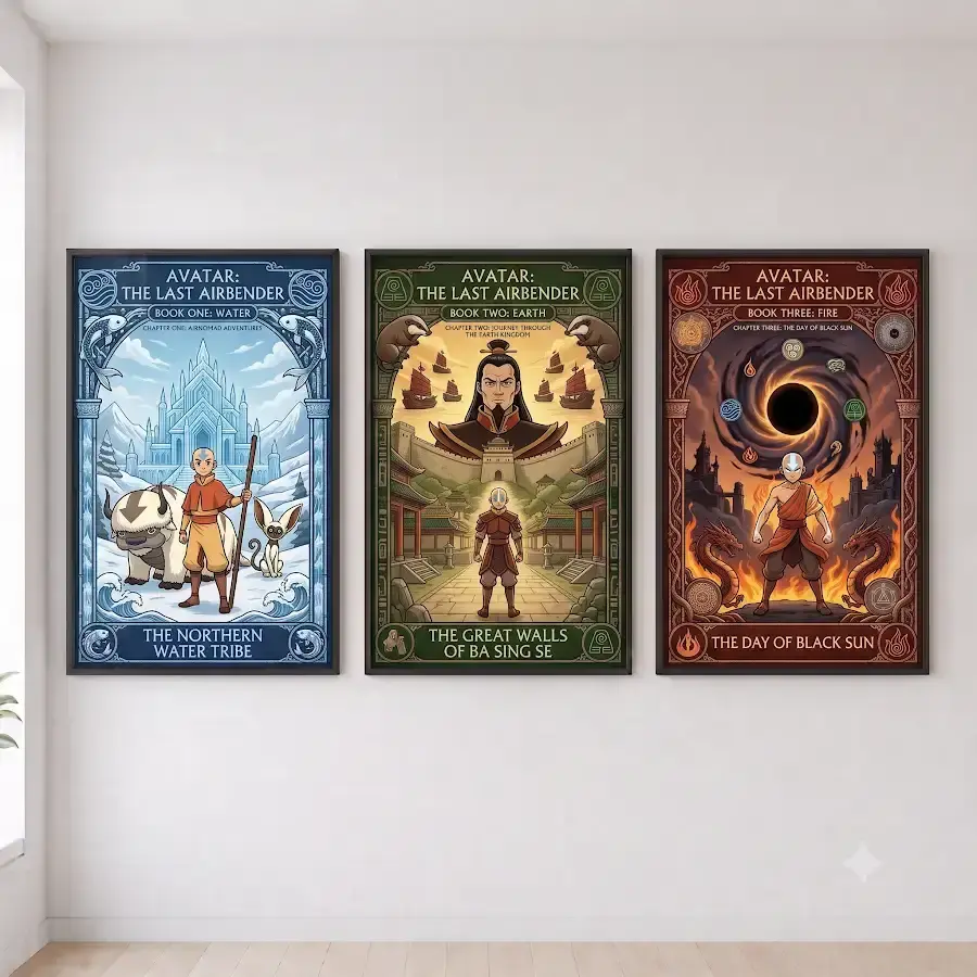 Avatar The Last Airbender Book 1 2 3 Mastery 3 Panel Set, Aang Avatar State Epic Anime Wall Decor Poster Prints