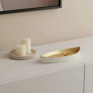 HomeRoots 634798 10 in. Gold & Off White Cast Iron Oval Boat Shaped Tray, Birthday, Aesthetic, Vintage, Rustic