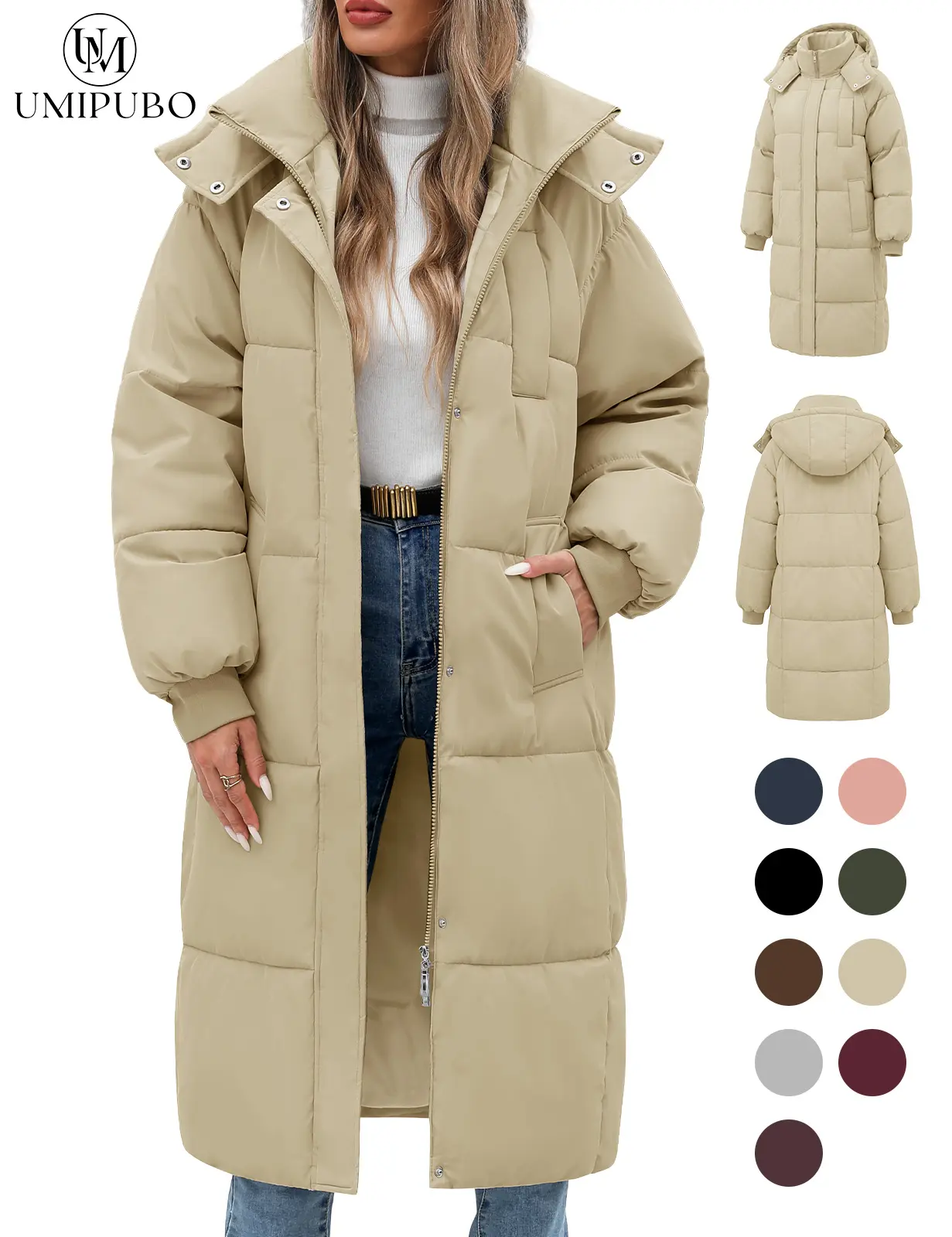 UMIPUBO Living Lady's Long Quilted Puffer Jacket, Women's Tops, Long Sleeve Casual Winter Thick Warm Hooded Zip-Up Parka Outerwear with Pockets