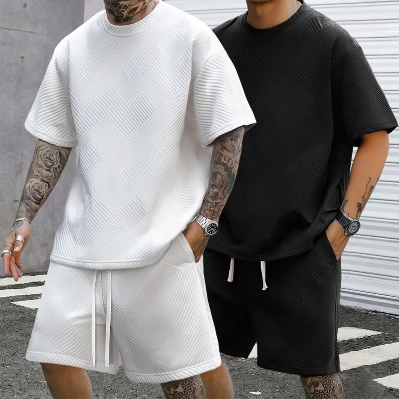 Two  of men’s casual fashion trend outfits featuring heavyweight textured fabric—minimalist textured short-sleeve T-shirts paired with shorts—showcasing a unique street style and comfortable living; ideal as holiday gifts. men 2 piece sets, Menswear, Roun