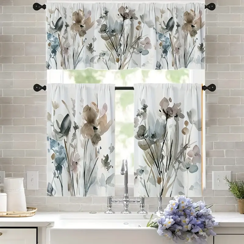 1pc/2pcs Spring Floral Watercolor Abstract Art Print Decor Small Curtains, Country Style Polyester Fiber Rod Pocket Curtain Valance Sets, 52In*18In, 26In*36In Floral Theme Kitchen Cafe Living Room Office Bedroom Home Decor Curtains