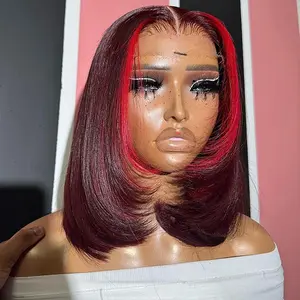 99J With Red Bob Wig 13x4 Lace Front Human Hair Straight Short Bob Wig 180 Density Transparent Lace Human Hair For Women 99J Burgundy With Red Transparent Lace Frontal Human Hair Wigs Pre Plucked Short Bob Wig