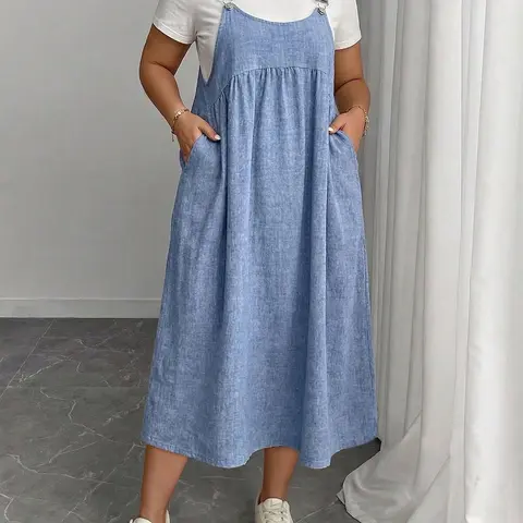 Plus Size Women's Strap Dress, Adjustable Summer Casual Loose Fit Pocket Dress, Comfortable and Stylish, Perfect for Daily Wear, Casual Summer Dresses