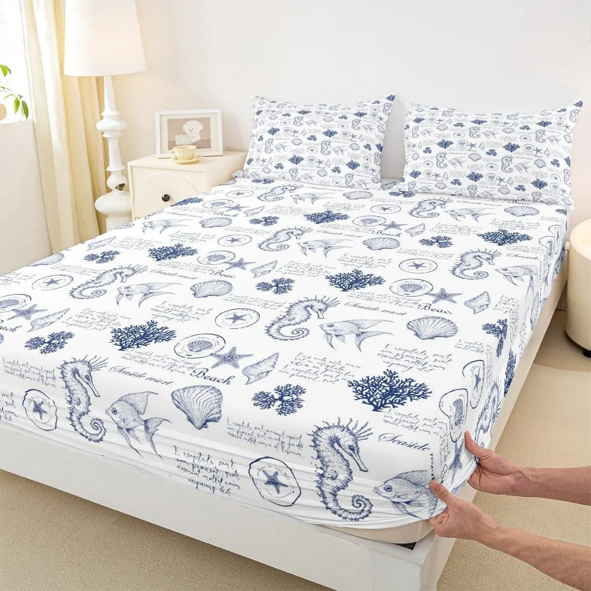 Coastal Fitted Sheet,Seashell Conch Seahorse Starfish Coral Bedding Set,Ocean Beach Nautical Bed Sheet for Kids Teens Adult Room Decor,Navy White Deep Pocket Sheet
