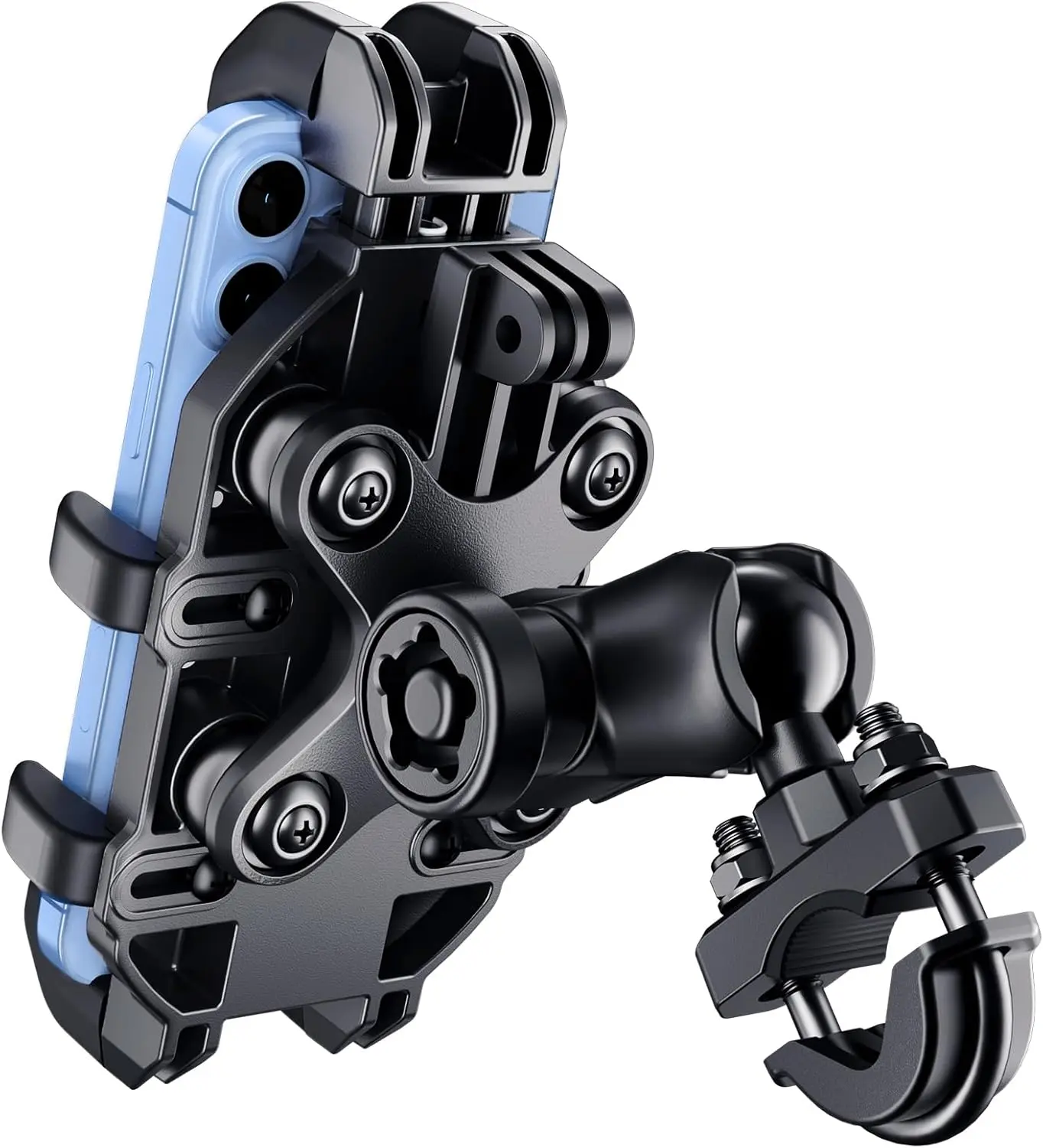 Phone Mount Holder with Vibration Dampener Anti-Shake 720 Adjustable for  16 Pro Max for  5.4''-6.9'' Phone Anti- Dirt Bikes(U Shape Base 0.6-1.1" Handlebar)