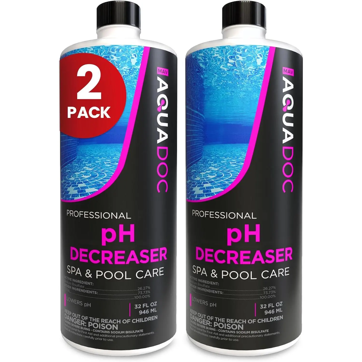 AquaDoc 2-Pack 32 oz (946 ml) Spa pH Decreaser, Sodium Bisulfate Hot Tub pH Down with Easy-Pour Liquid Formula, Made in USA, Helps Improve Sanitizer Performance for Water Balance, Two Pack, Helps Lower High Ph