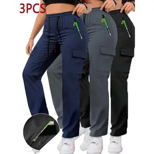 3 Pack Women's Spring Fall Zipper Pocket Work Pants Fashionable Cargo Trousers with Large Pockets Elastic Waistband Casual Everyday Wear(Sheets)