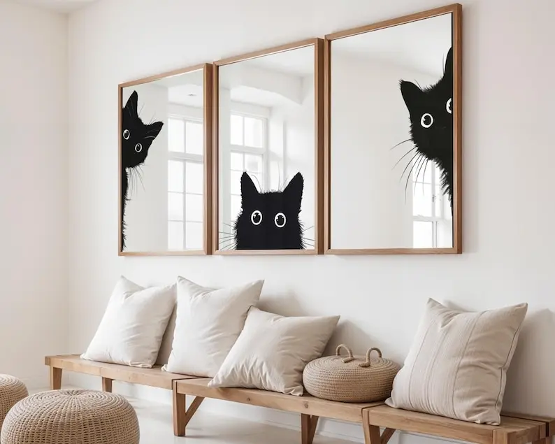 Set of 3 Peeking Black Cat Print Wall Art Poster, Black and White Cat Wall Art, Black Cat Art