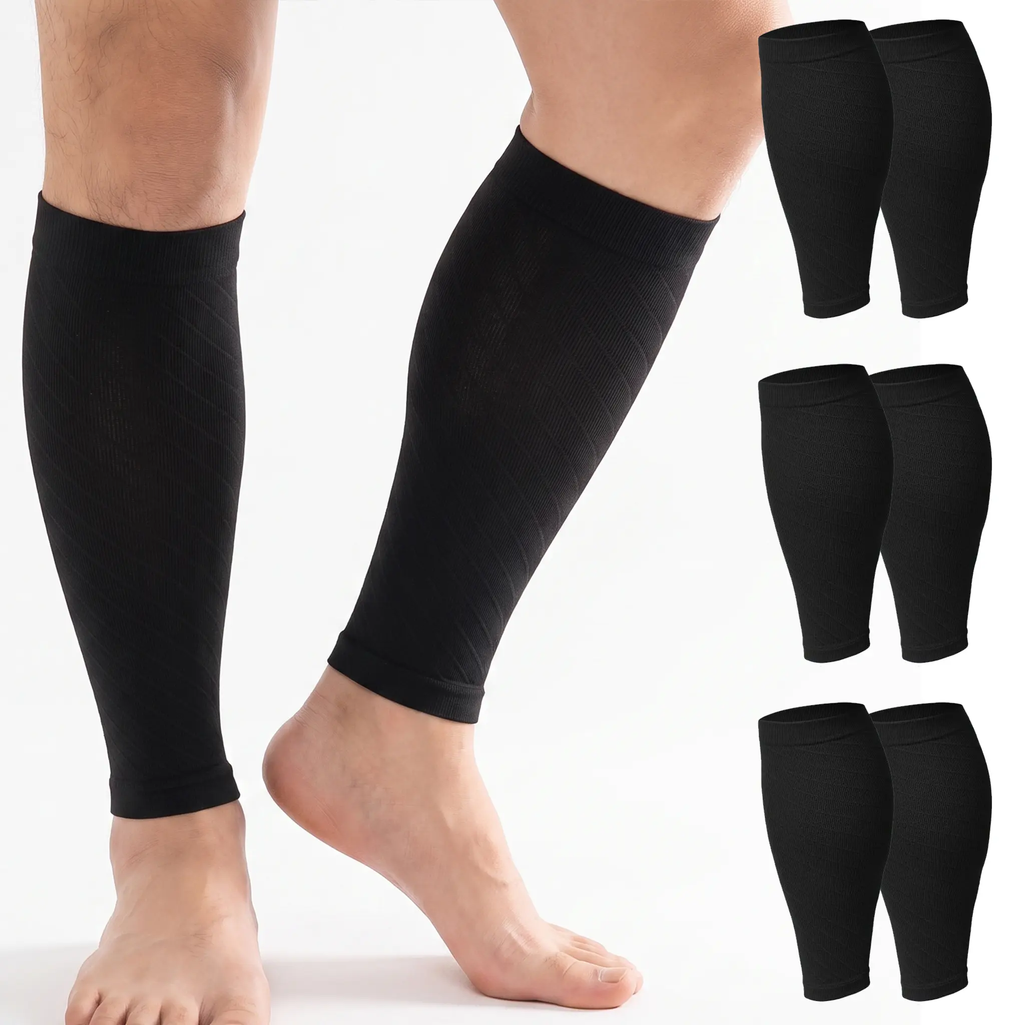 3 Pairs Solid Black Leg Compression Sleeves for Adults, Moisture-Wicking Nylon Blend with Graduated Support for Running & Outdoors, 3 Pairs Black