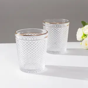 6-Pack Clear Tumbler Glasses 11oz Hobnail Design with Gold Rim 4" - Vintage Glassware for Whiskey, Water & Cocktails