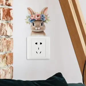 Charming Bunny Wall Switch Sticker, Self-Adhesive Removable PVC, Floral Crown Design, Easy Peel & Stick, Home Decor for Easter, Festive Gift