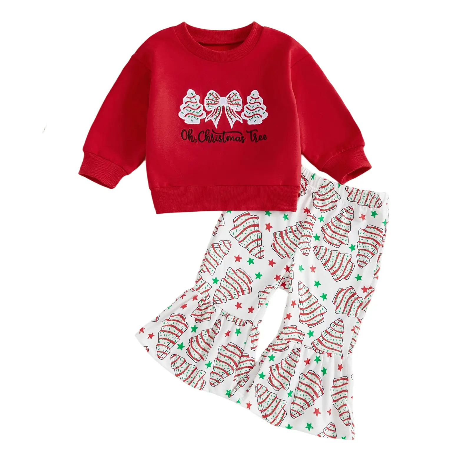 Toddler Baby Girl Christmas Outfit Cute Xmas Tree Bow Print Sweatshirt Tops Bell Bottoms Flared Pants 2Pcs Set Fall Outfit