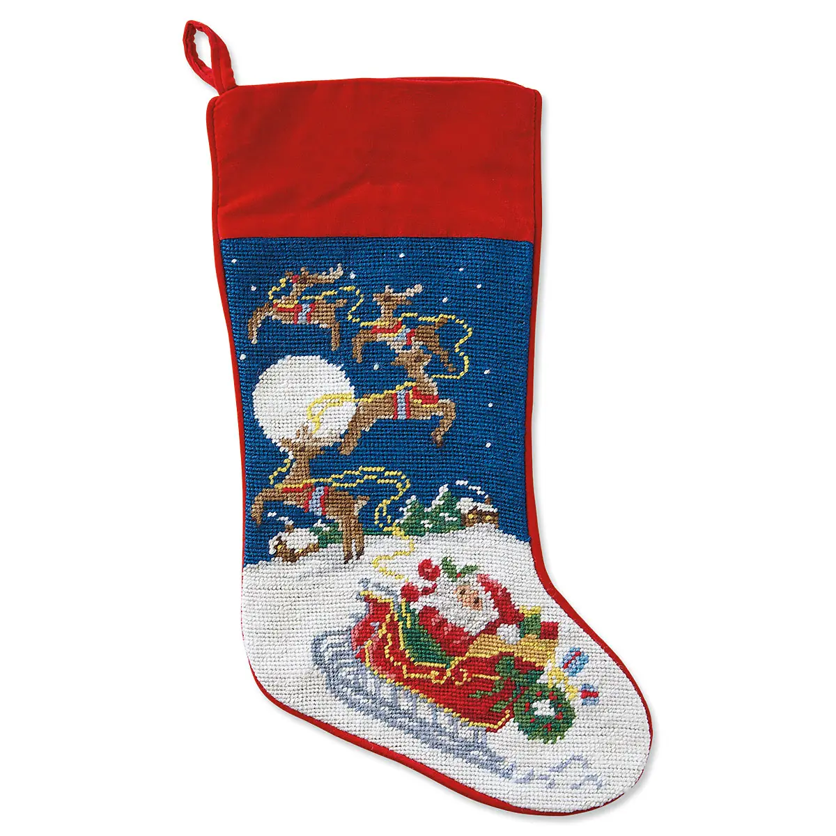Lillian Vernon Heirloom Christmas Stocking Needlepoint Sleigh and Reindeer, 100% Wool, 9.5" W x 17" L Decoration Magical