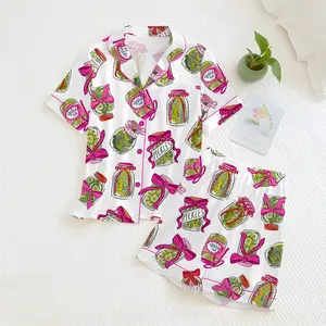 Women’s Pickle Lover Pink Bows Pajama Set, Sleepwear Gifts Nightwear Pajama Satin Long Pants, Noel Santa Gift For Her