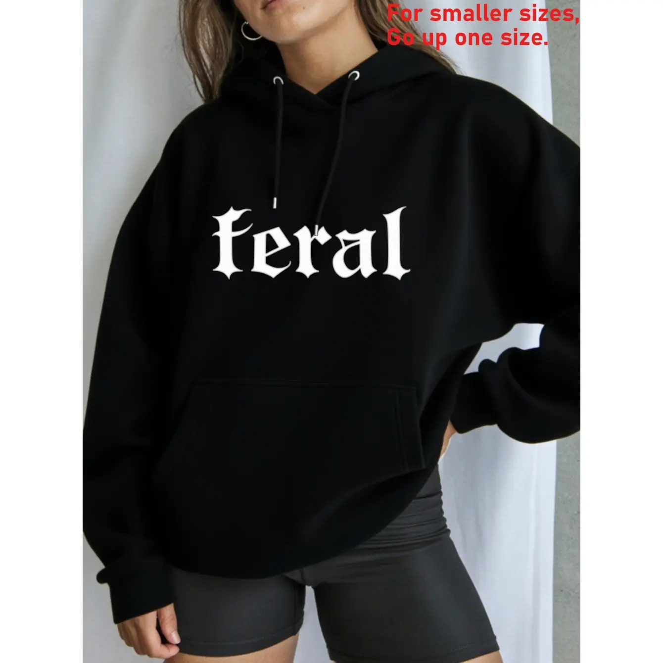 Women's 'Feral' Gothic Graphic Hoodie, Oversized Long Sleeve Pullover Top in a Soft Cotton Blend, Vintage Style with Unisex Silhouette, Graphic Hoodies, Print, Gothic Font, Piece, Gothic Letter Graphic