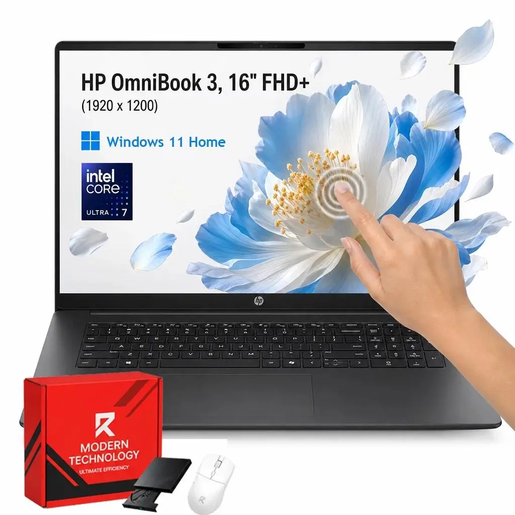 HP OmniBook 3 16" FHD+ Touchscreen Laptop Computer with Ultra 7 CPU (Intel Ultra 7 255U), 16GB DDR5 RAM, 512GB SSD, Windows 11 Home, and Accessory