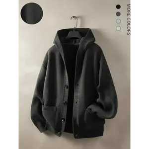 Men's hooded knit cardigan, dark color versatile design, ribbed details with double pockets, suitable for autumn casual wear, available in various colors, new trendy brand knitted sweater jacket with hooded cardigan, soft and comfortable fabric summervibe