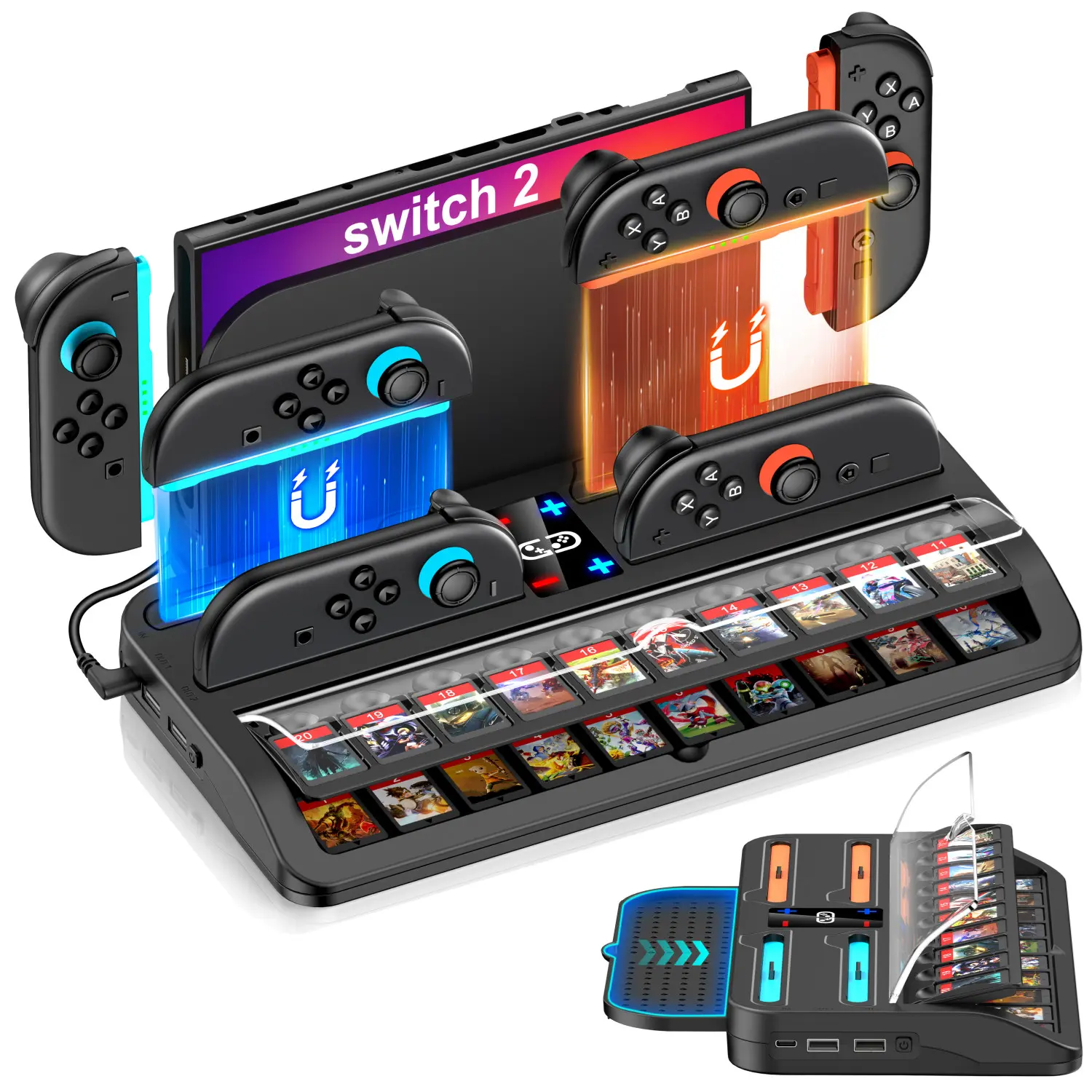 Magnetic Cover All-in-1 Dock for Nintendo Switch 2 Gaming Console & Controllers, Compact Transparent Switch Accessories with 20 Game Card Slots, Joy-Con Charging Station, Organizer Storage, Indicators, Plug-In USB Sync Port, Cable Stand