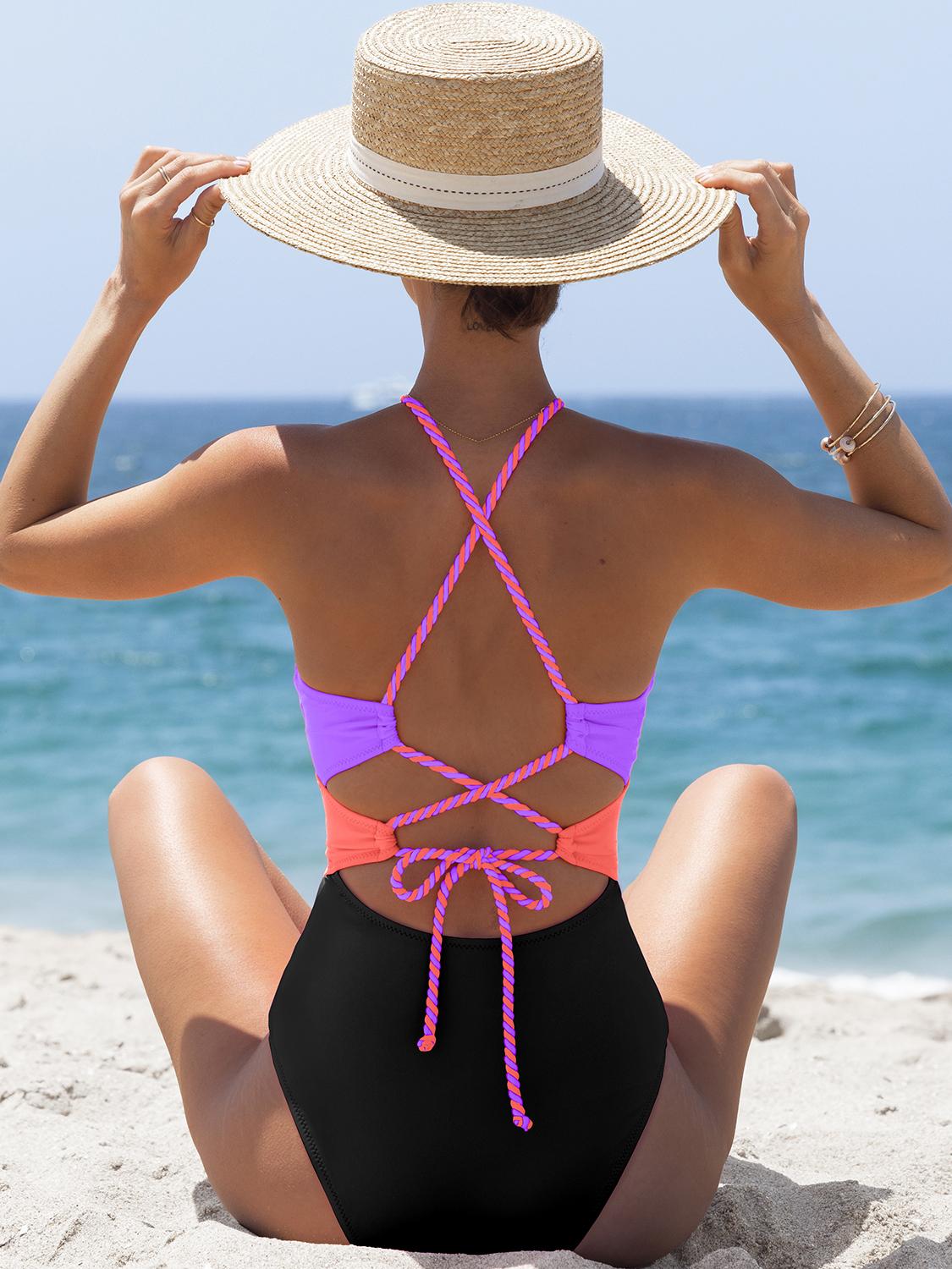 Popvil 【Built-in Sewn-in Pads】 Color Block Front Cutout One Piece Swimsuit, Tummy Control High Waisted Neon Swimsuit with Back Strap,Neon One Piece for Women