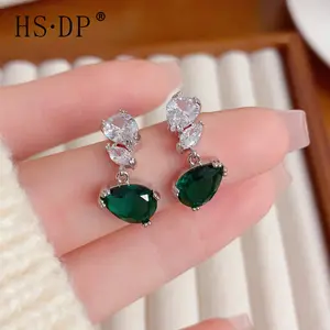 French vintage 925 sterling silver zirconia emerald drop-shaped earrings, light luxury versatile high-end super shiny earrings