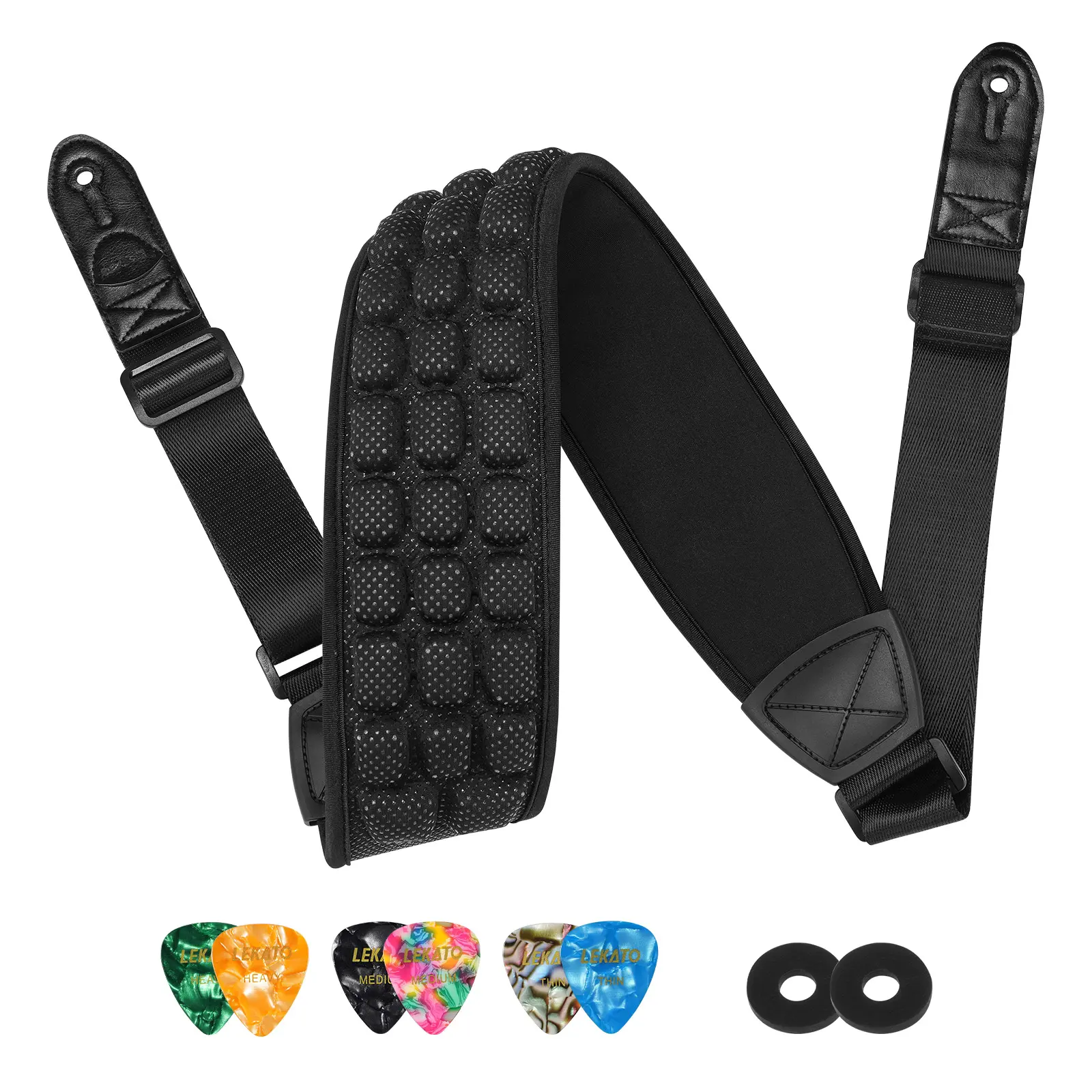 LEKATO 3D Air Cushion Pad Guitar Strap for Bass & Electric Guitar with 3.5" Wide and Adjustable Length from 50" to 61" with 2 Safety Strap Locks & 6 Picks