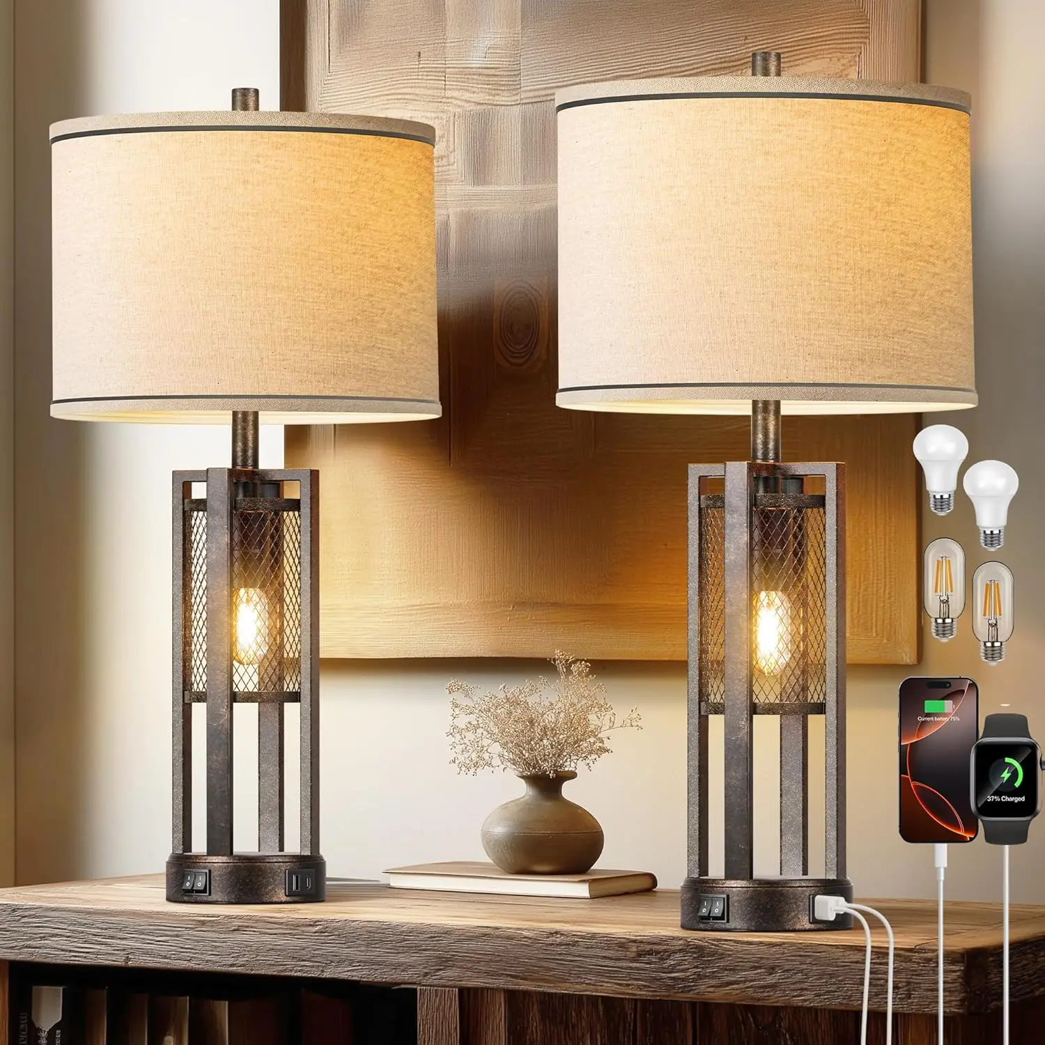 28'' Farmhouse Industrial Table Lamp Set of 2 - Rustic Bedside Nightstand Lamps with Dual USB A+C Ports, Bronze Metal Mesh Nightlight Desk Lamps for Bedroom Living Room, 4 LED Bulbs Included