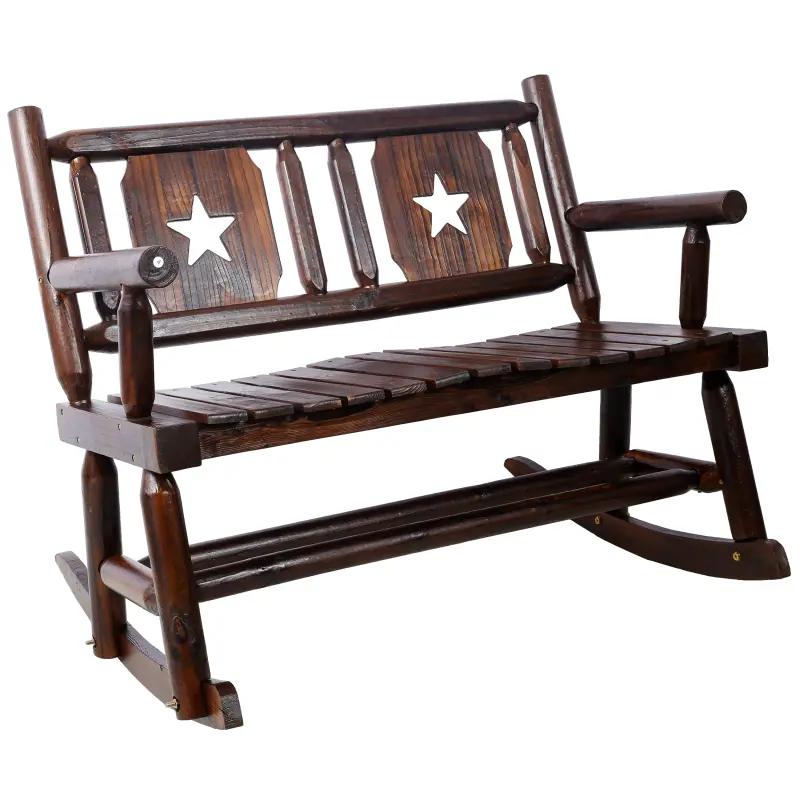 Bellemave Modern Carbonized Solid Wood 2-Person Outdoor Rocking Bench - Patio Outdoor Chair with 43x33.6x35.8" Wide Curved Seat, Fixed Arms, Rustic Brown Furniture for Porch, Garden, Outdoor Patio Furniture,home decor,camping essentials