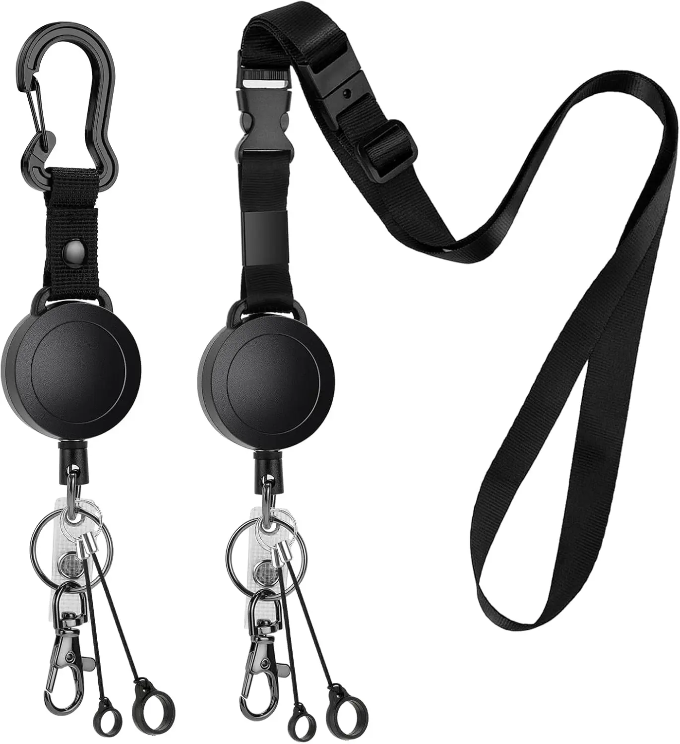 2 Pack Heavy Duty Retractable ID Badge Holder Key Reel with Adjustable Breakaway Lanyard, Carabiner, Key Ring, Pen Holders, Lobster Clip, ID Badge Strap and 32 Retractable Cord, Hold Up to 15