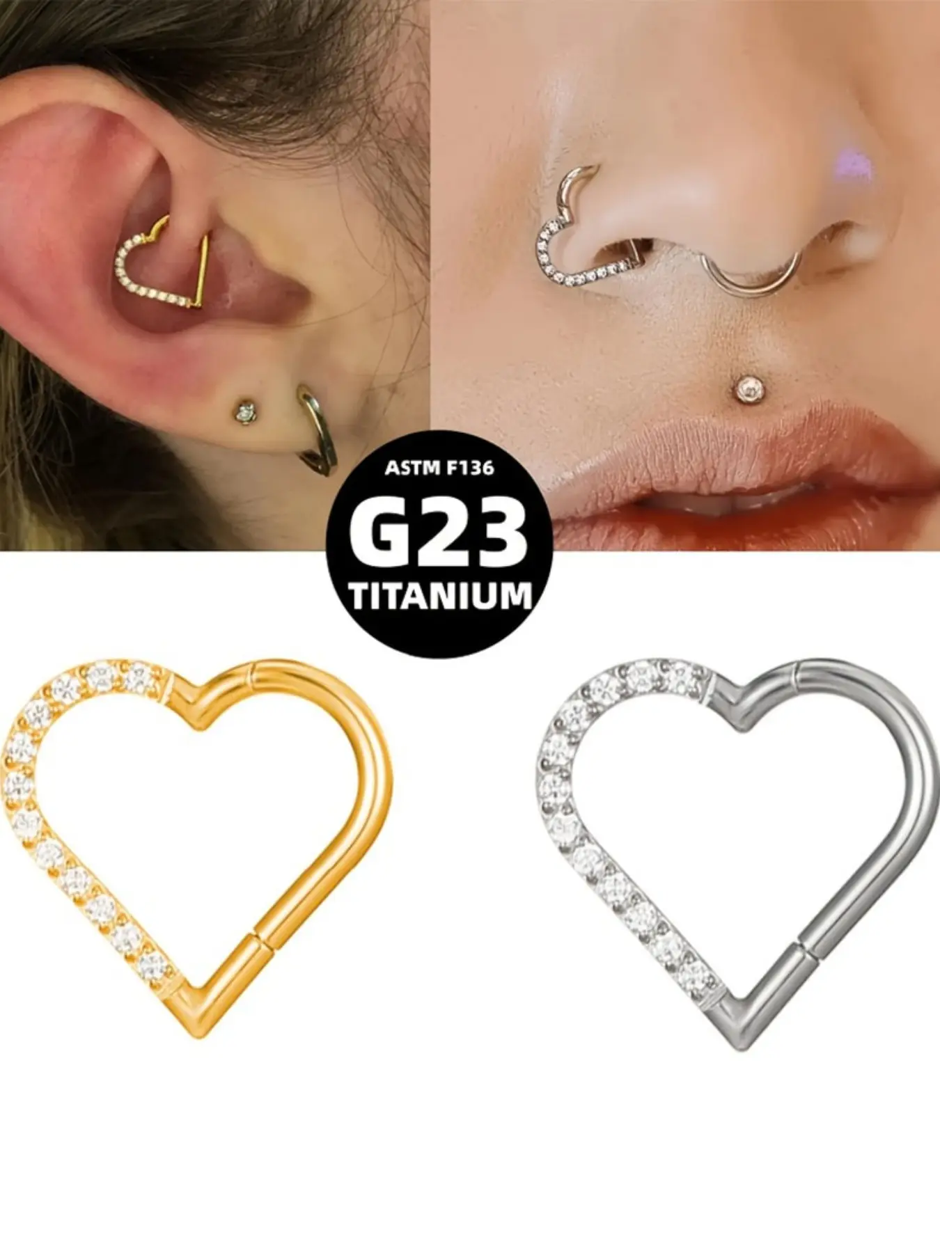 Women's Daith Helix Rook Lobe Piercing Ring, Synthetic Zirconia Heart Design, Soft Ear Cartilage Jewelry, Helix Pierced Ring, 16g Stainless Steel, Nose Rings, Titanium Nose Hoop, Leopard Septum Ring, Body Piercing Jewelry, Nose Rings Hoops