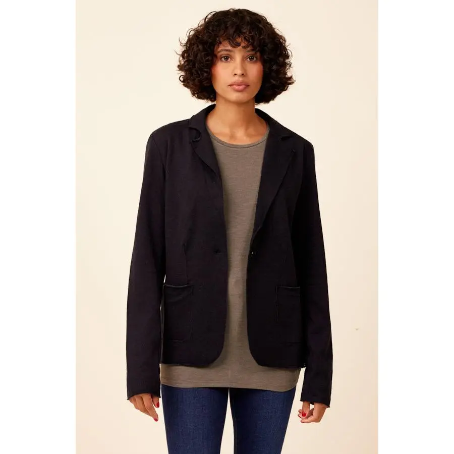 Double Face Cotton Cashmere One Button Blazer in Navy/Charcoal