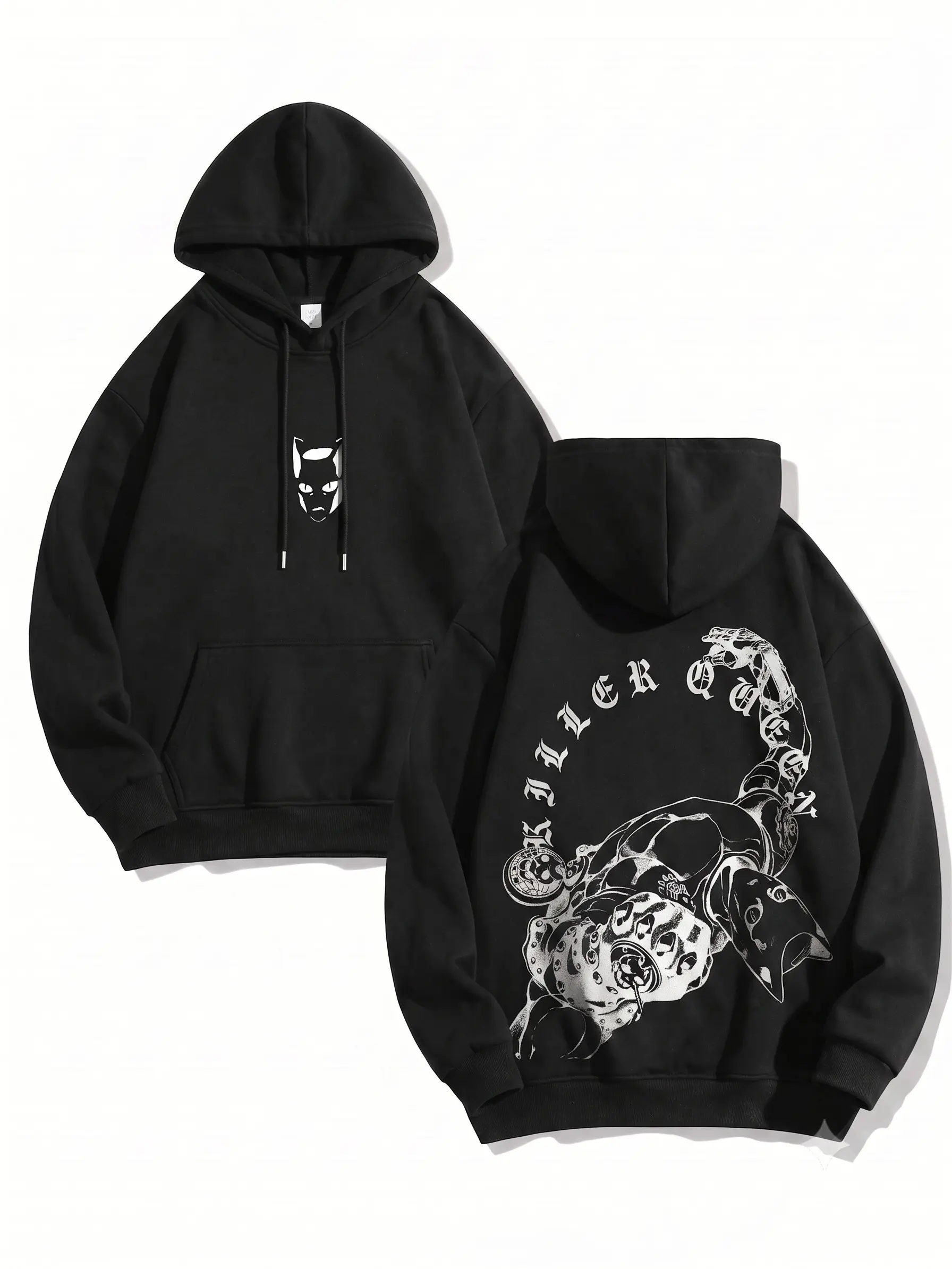 Killer Queen Graphic Hoodie, Front Small Mask & Back Scorpion Gothic Print Oversized Pullover Hoodie Y2K Dark Streetwear Unisex