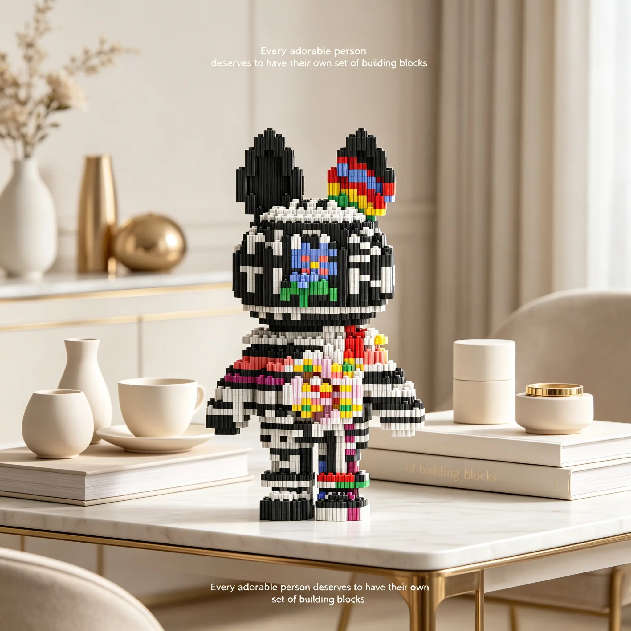 Multicolor Floral Graffiti Bear 3D Building Block Ornament, Perfect for Home Decor, Party Decoration, Ideal Gift for Holidays