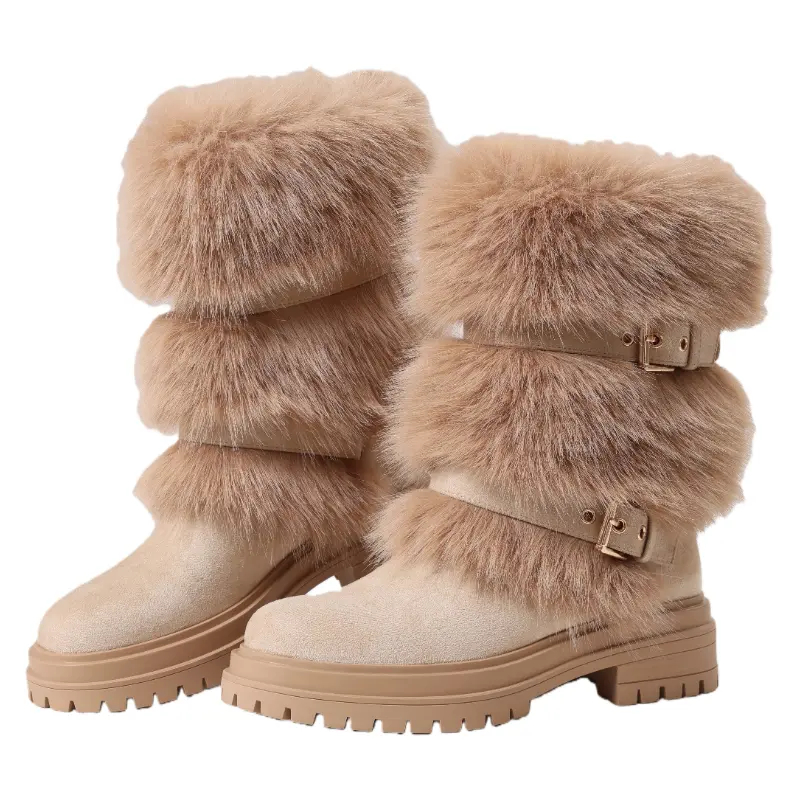 Women's Stylish Fuzzy Mid-Calf Cuban Boots - Plain Plush Faux Fur Winter Snow Shoe with Comfortable Sole and Buckle Detail