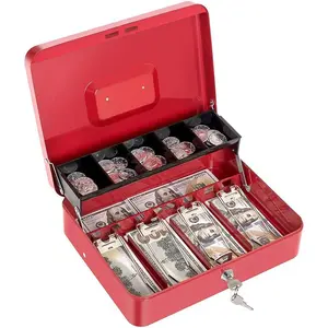 Box with  Tray and Key Lock Large Metal  Safe Box with Cantilever  Tray, Lock Box for  11.8" x 9.4" x 3.54" Red