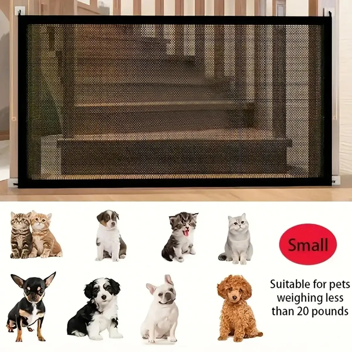 Foldable Mesh Pet Gate with 6 Hooks - Portable Dog & Cat Barrier for Doorways, Stairs
