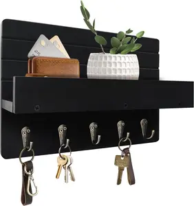 Key Holder Wall Mount, Rustic Key Hooks for Wall with Shelf for Mail Organizer, Entryway Decorative Key Rack with 5 Sturdy Hooks for Hanging Keys, Dog Leash, Sunglasses Wooden Key Hanger