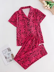 2 Piece Set Leopard Print Women's Pajamas, Loungewear, Nightwear, Collar Button Short Sleeve Top and Loose Comfortable Long Pants, Sweet Cool Style Home Wear Set, Homewear