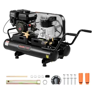 【FathersDayGift】 VEVOR 9 Gallon Twin-Tank Gas Powered Air Compressor, 6.5HP 9CFM Gas Driven Air Compressor Tank on Wheel, Max 115PSI Piston Pump Air-Compressed System for Tire Inflation, Auto Repairs, Spray Painting