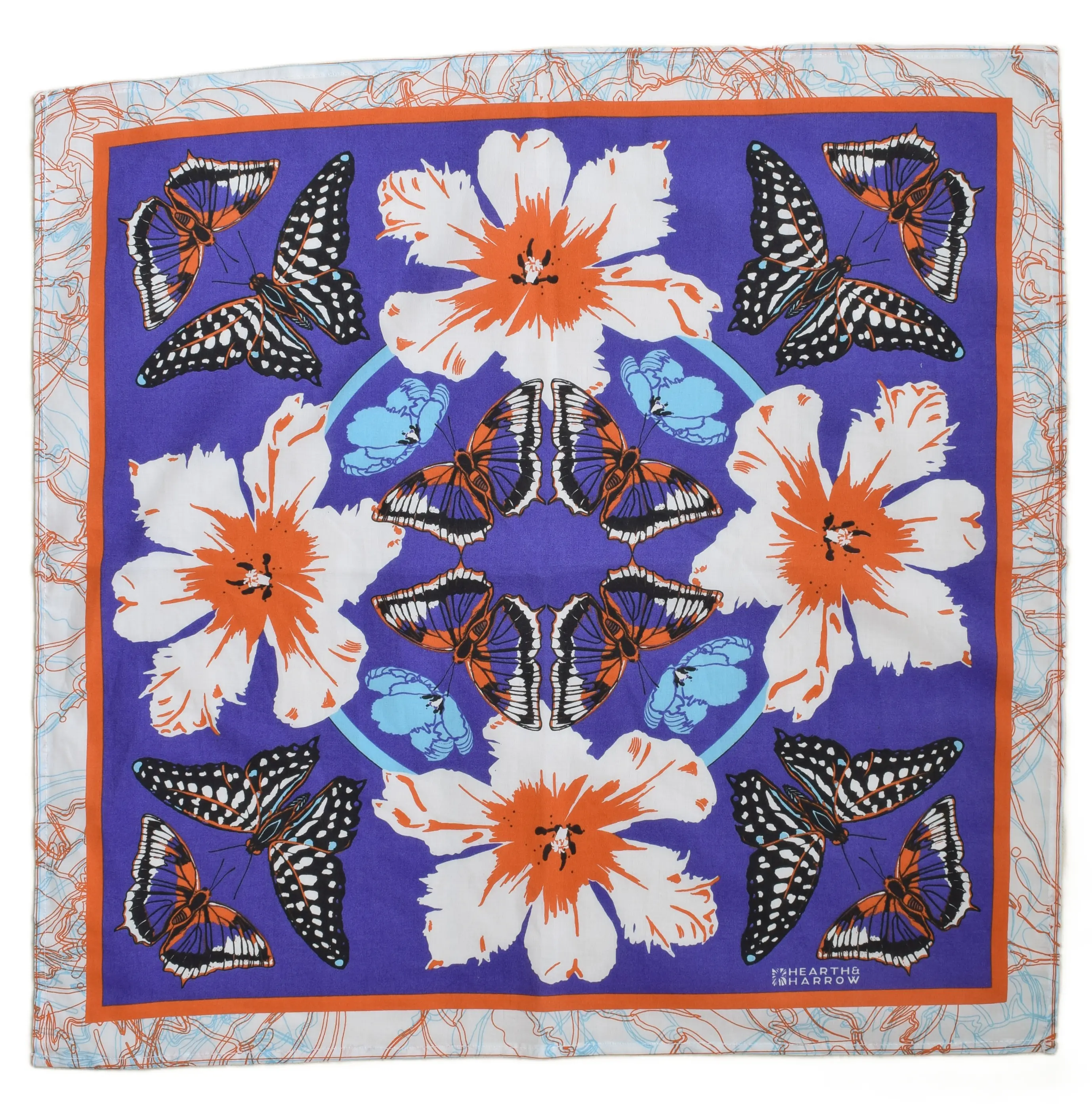 Butterfly Bandana - Purple and Orange - Nature Print - 22" x 22" - Neckerchief - Handkerchief - 100% Cotton - Hand Screen Printed - Designed in Maine
